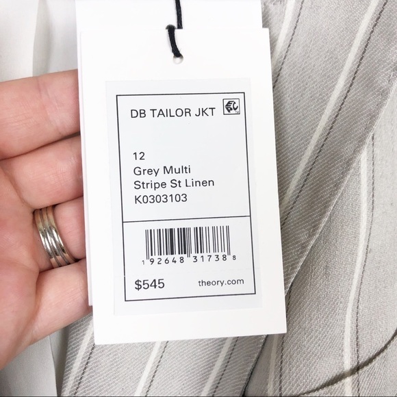 Theory Linen Pinstripe Striped Double Breasted Blazer in Grey Multi Casual Work - Picture 5 of 6